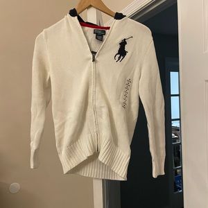 Boys Polo by Ralph Lauren Sweater with hoodie. Medium 10-12 White.